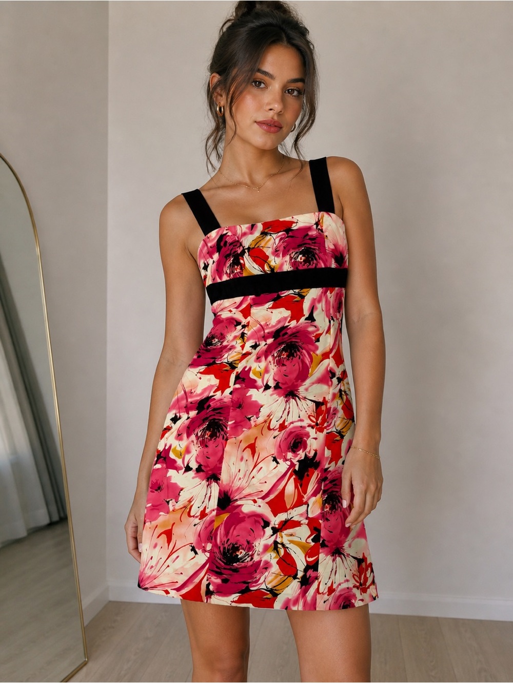 Evan Picone Floral Dress Size 6 Pink Black Strap A-Line‎